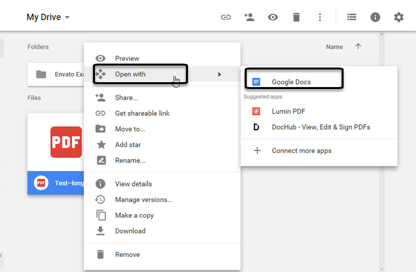 Google Drive: открыть PDF через Google Docs